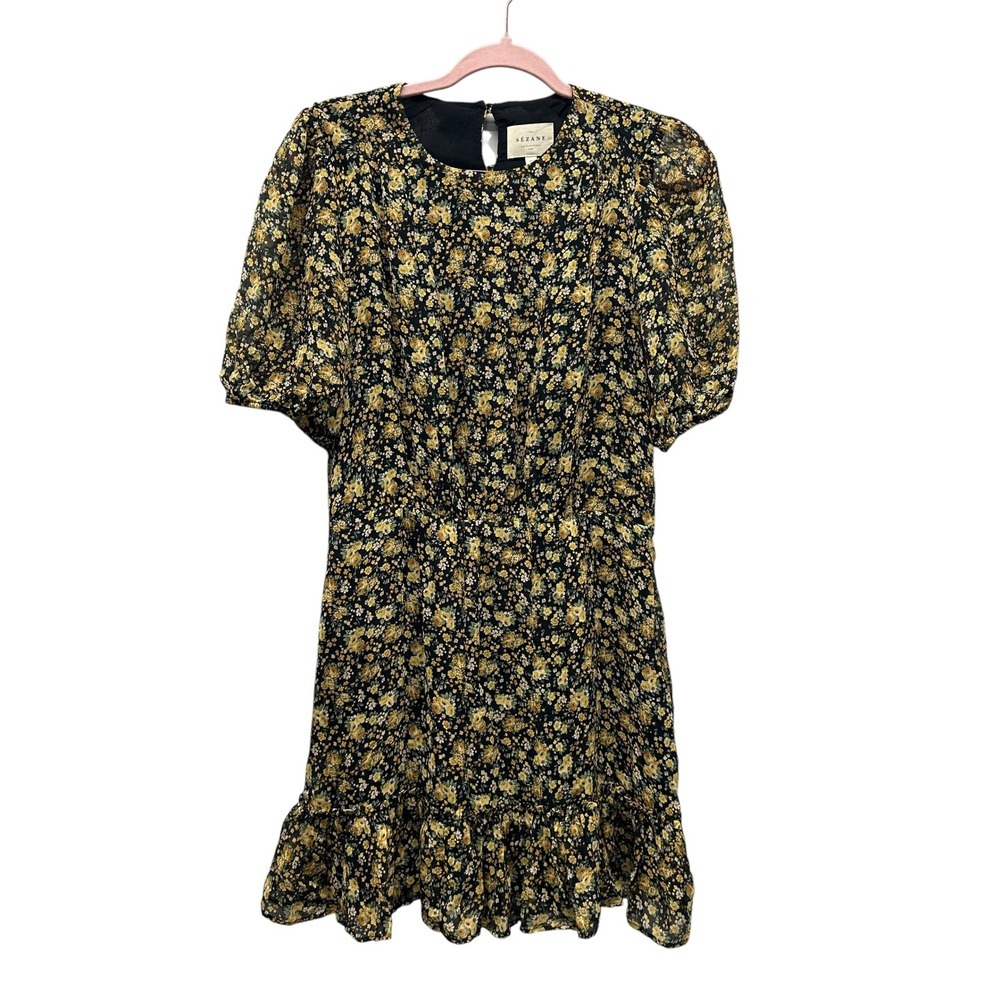 Sezane Margot Floral Mini Dress Black Yellow Puff Sleeve Ruffle Hem Size 36